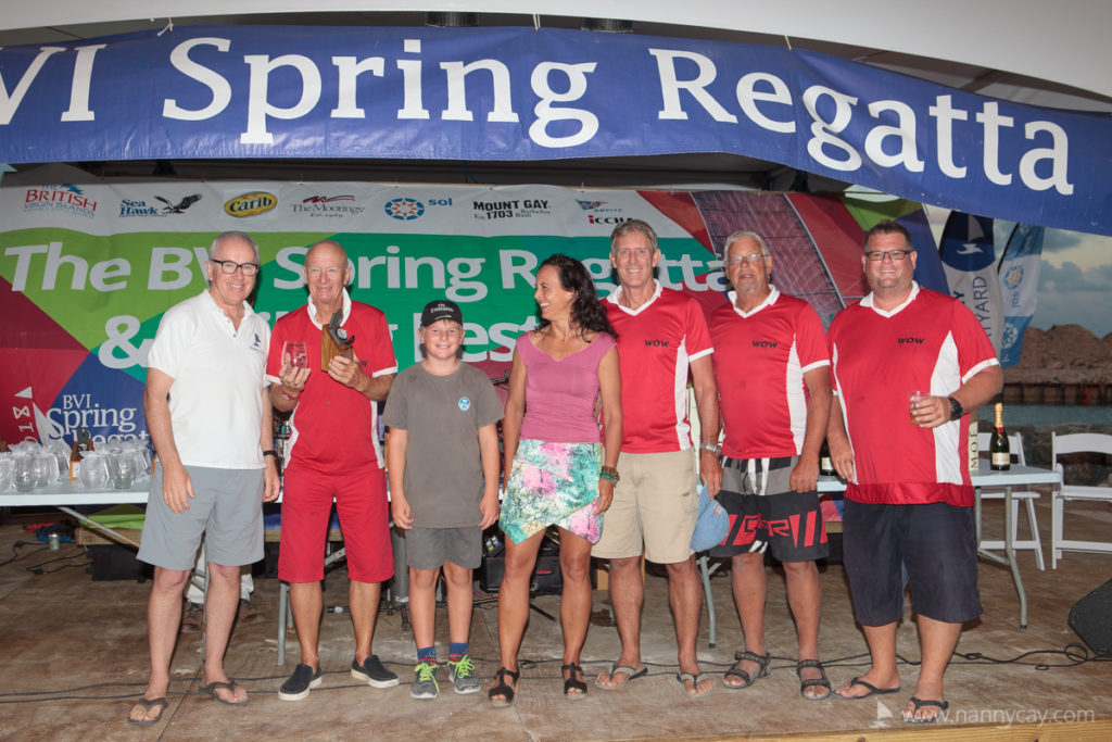 Cameron McColl, Nanny Cay Chairman presented awards from Tuesday's Round Tortola Race to the British team on David Liddell & Helen Ruud's Stealth 14gt WOW
