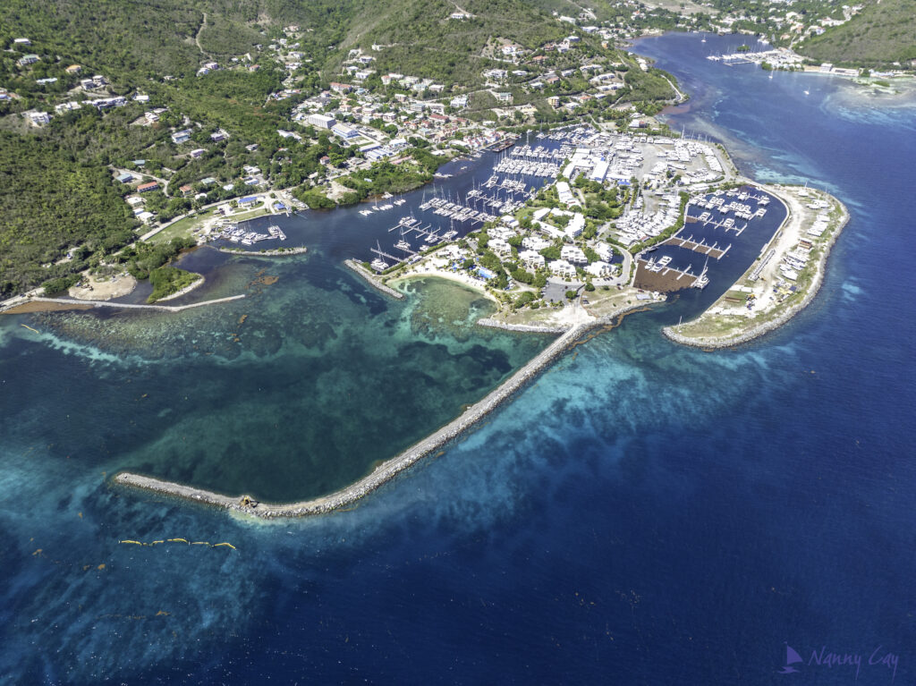 Aerial of Nanny Cay showing the full extent of the new breakwater